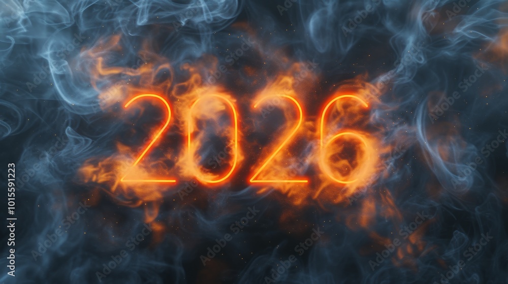Poster fiery 2026 numbers engulfed in swirling smoke against a dark background, creating a dynamic and inte