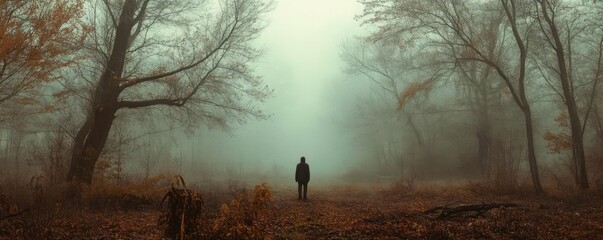 A solitary figure stands in a foggy forest, surrounded by tall trees and fallen leaves, evoking a sense of mystery and tranquility.