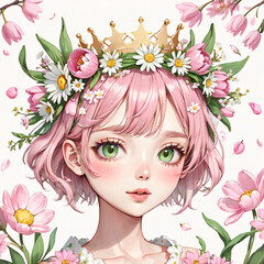 Naklejka premium 花の冠をかぶる少女