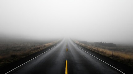 A mysterious road vanishing into dense fog, creating an atmosphere of solitude and intrigue for travelers and adventurers.