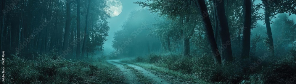 Poster a serene moonlit forest path surrounded by tall trees and mist, creating a magical and tranquil atmo