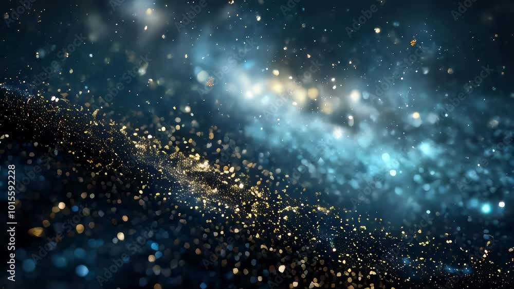 Poster a dazzling background of glittering blue and gold particles, creating a mesmerizing and ethereal eff
