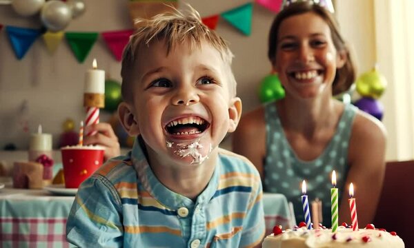 A heartwarming portrait of a small boy, his face lit up with a beaming smile, joyfully celebrating his birthday surrounded by his loving family