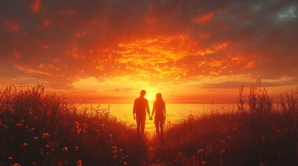 silhouette couple holding hands at sunset on the beach - romantic, orange, love, ocean, landscape,  sky, seashore,  nature, couple, beach,  sunset, golden hour, romance, love story