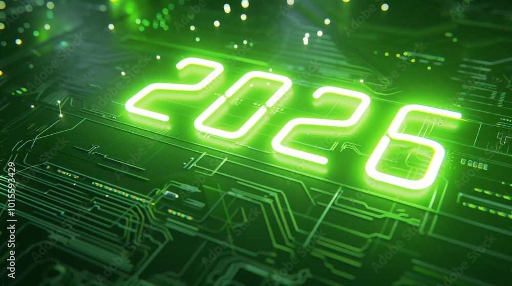 Poster glowing neon green 2026 placed on a futuristic circuit board design, symbolizing advanced technology