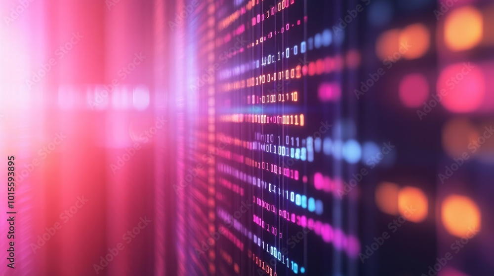 Poster An intricate display of binary numbers intertwined with vivid changing colors creates a futuristic feel, highlighting the importance of data security in technology