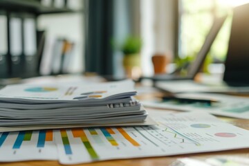 Collection of business analytics charts and graphs stacked on each other on paper on desk in office