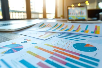 Collection of business analytics charts and graphs stacked on each other on paper on desk in office