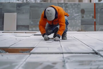 Craftsman precisely installing floor tiles at a construction site