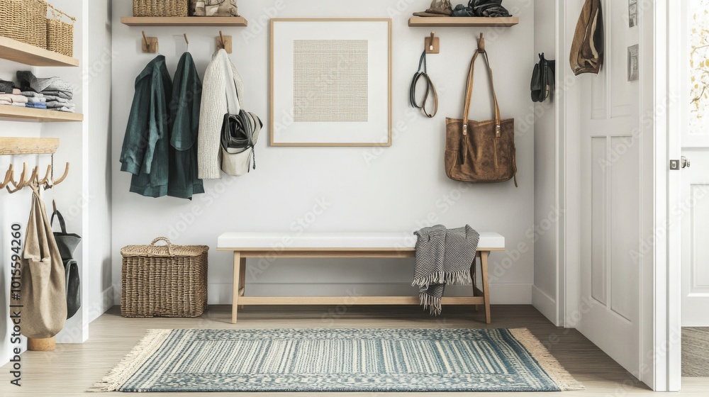 Poster the entryway showcases a minimalist design with neatly hung coats and bags on wooden hooks, compleme