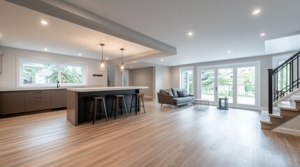 Obraz premium This open-concept basement features a central island with bar stools, a cozy seating area, and large windows that flood the space with natural light, creating an airy atmosphere