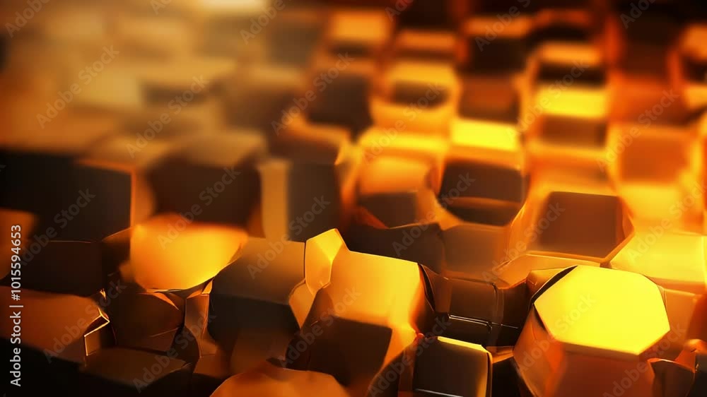 Poster a close-up of a hexagonal metallic grid with golden reflections, showcasing a sleek and modern geome