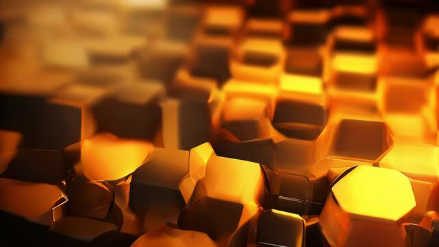 A close-up of a hexagonal metallic grid with golden reflections, showcasing a sleek and modern geometric pattern with warm hues.
