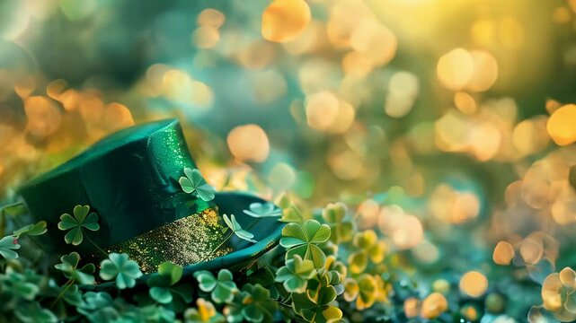 A festive Saint Patrick's Day green hat adorned with sparkling clover leaves, surrounded by bokeh lights.