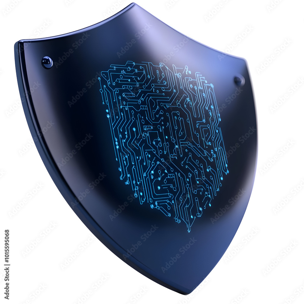 Poster a futuristic shield representing digital security with intricate circuit patterns on a dark backgrou
