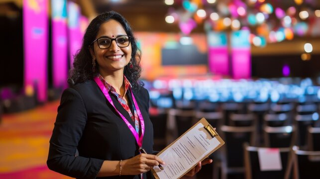An event coordinator stands confidently with a clipboard, overseeing the setup of a colorful conference. The venue is lively and well-organized, ready for attendees