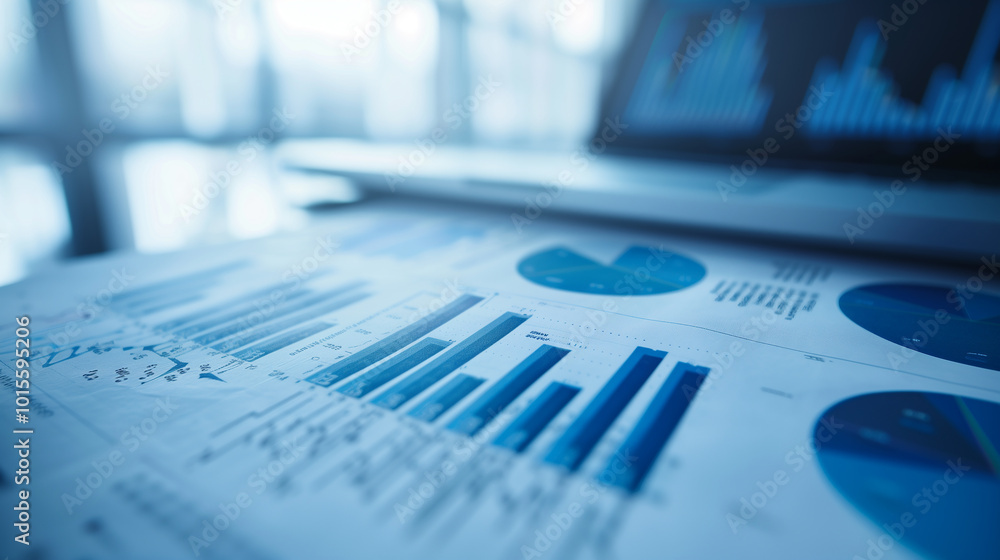 Poster blue business background with business data graphs analytics