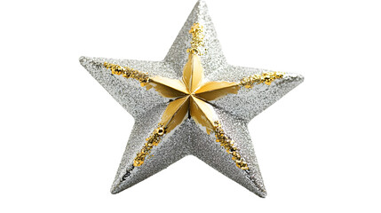 Obraz premium A beautiful silver star decoration with golden accents against a white isolated background, perfect for festive themes.