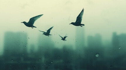 Fototapeta premium Birds Flying Through Misty Cityscape at Dawn