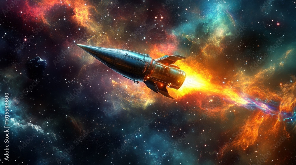Fototapete a futuristic rocket propels itself through a stunning galaxy, illuminating the darkness with fiery e