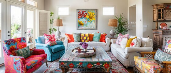 Infuse your designs with vibrant energy with this bright eclectic living room photo. A mix of colorful decor, unique furniture pieces