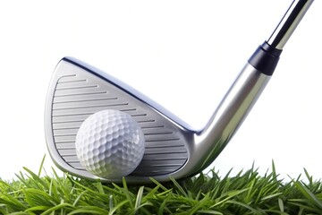 Golf fairway iron club with golf ball on blue tee isolated on white background with depth of field