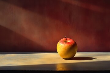 AI generative, A Single Red and Yellow Apple on a Wooden Surface with Sunbeams