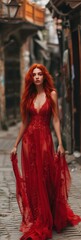 Elegant Red-Haired Woman in Ornate Dress - Fashion Portrait in Urban Streets