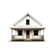 A charming white wooden house with a sloped roof and front porch, set against a white isolated background.