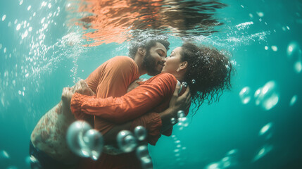 Romantic Moment: Joyful underwater couple kissing and embracing surrounded by bubbles and blue light