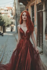 Elegant Red-Haired Woman in Ornate Dress - Fashion Portrait in Urban Streets