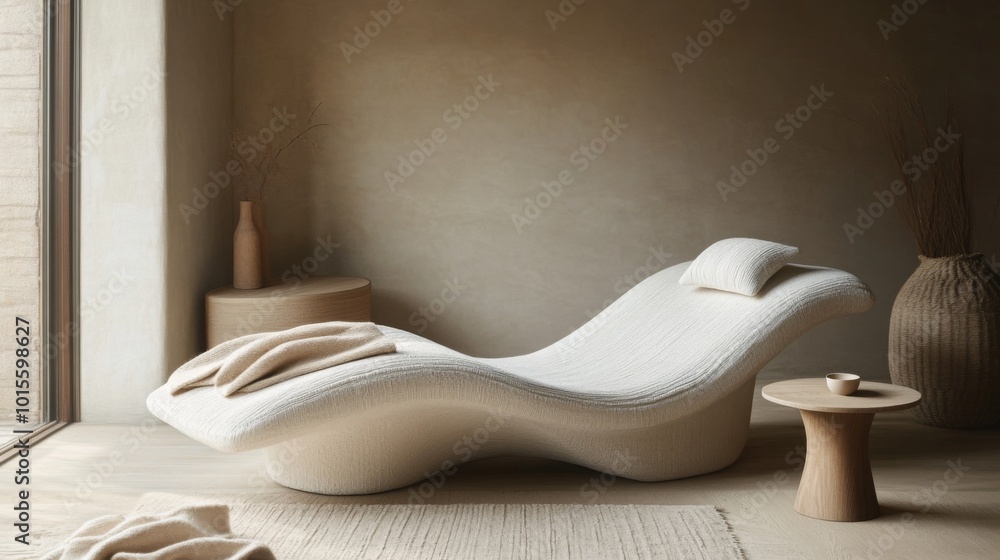 Poster a modern lounge chair features a smooth, flowing design with a soft blanket draped over it