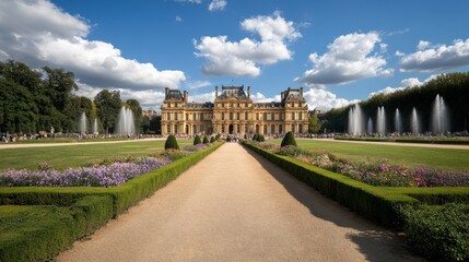 Obraz premium The majestic baroque palace features intricate gold detailing and symmetrical windows, framed by serene gardens, fountains, and colorful flower beds under a clear blue sky