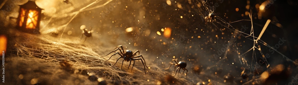 Poster a captivating close-up of spiders in a dark, ethereal environment with soft lighting and cobwebs, cr