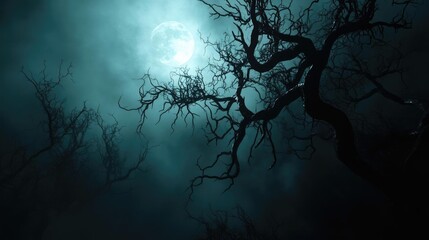 An eerie night scene featuring a full moon shrouded in mist, highlighting gnarled branches that add to the ghostly atmosphere.