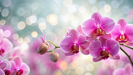 Graceful pink orchids blooming against soft background with bokeh effect