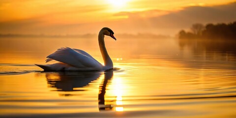 Fototapeta premium Graceful swan silhouette gliding on water