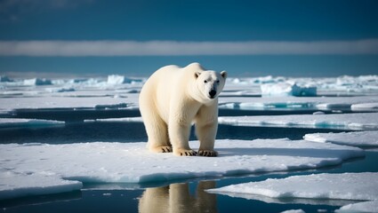 Polar bear on the blue ice. Bear on drifting ice with snow, white animals in nature habitat. At the poles with ice floes that are starting to melt due to global warming.