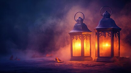 Two glowing lanterns illuminate a misty landscape, casting warm light against a dark, atmospheric background.