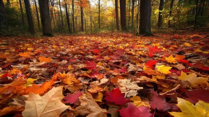 A vibrant carpet of autumn leaves in shades of red, orange, and yellow covering the forest floor, with soft sunlight filtering through the trees 