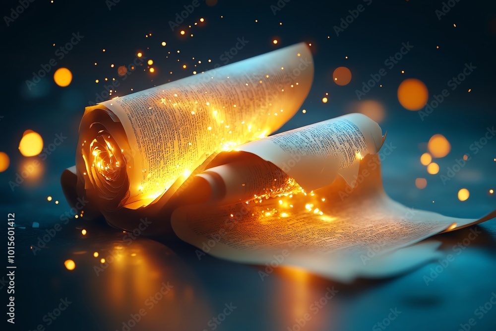 Poster glowing scrolls of paper with sparkling light effects on a dark background.