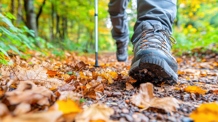 Obraz premium Exploring nature on hiking trail, hikers boot steps through colorful autumn leaves, showcasing beauty of outdoors and joy of adventure