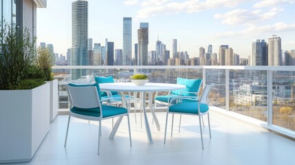 A stylish balcony features a white round table surrounded by four turquoise chairs, set against a stunning urban skyline. The bright view showcases skyscrapers against a clear blue sky.