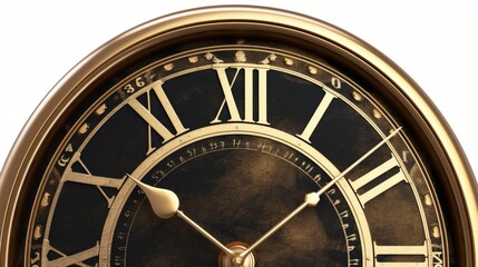 Fototapeta premium A close-up of a vintage golden clock, highlighting its intricate Roman numerals and antique style. The textured surface and metallic sheen add an air of elegance and historical significance.