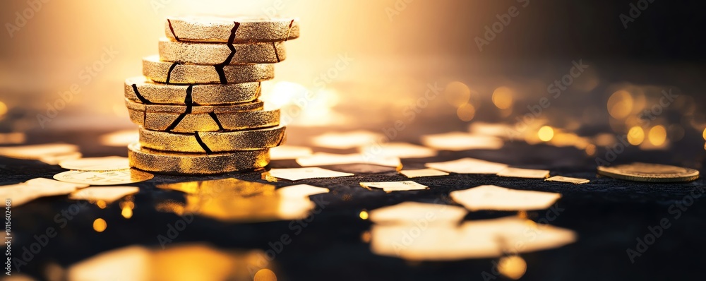 Poster stack of coins with shimmering light effects on a reflective surface.