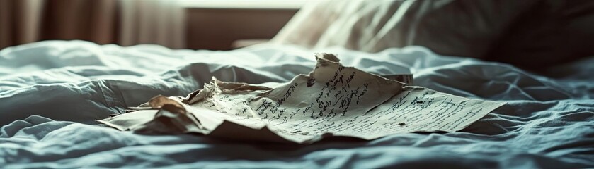 A crumpled piece of paper lying on a soft bed, capturing the quiet moment of a personal story or message left behind.