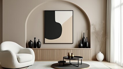 Armchair near black coffee table. Wooden shelf near stucco wall. Minimalist, japandi interior design of modern living room.