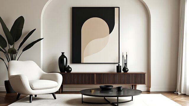 Armchair near black coffee table. Wooden shelf near stucco wall. Minimalist, japandi interior design of modern living room.