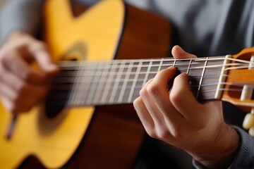 Fototapeta premium Close up of a skilled and passionate musician playing an acoustic guitar in a cozy music filled studio The soft atmospheric lighting enhances the and creative performance