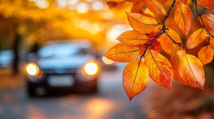 Obraz premium A close-up of autumn leaves with a car in the background.